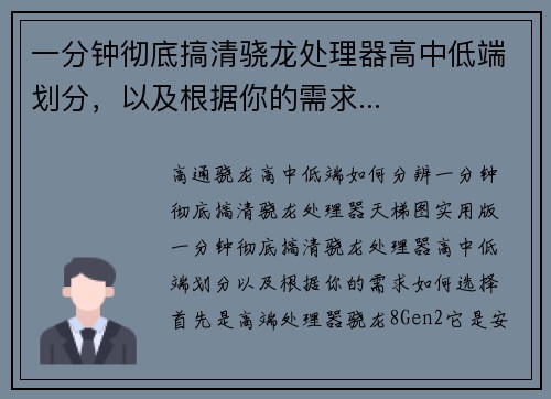 一分钟彻底搞清骁龙处理器高中低端划分，以及根据你的需求...