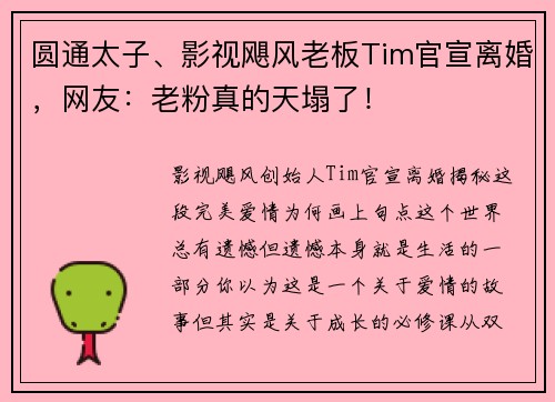 圆通太子、影视飓风老板Tim官宣离婚，网友：老粉真的天塌了！