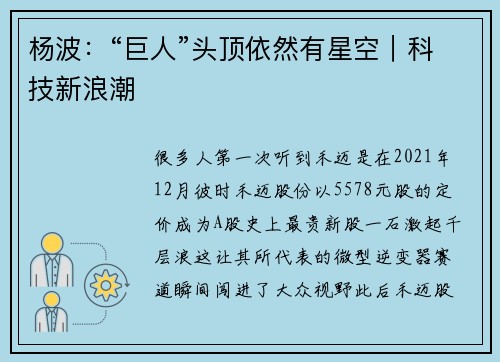 杨波：“巨人”头顶依然有星空｜科技新浪潮