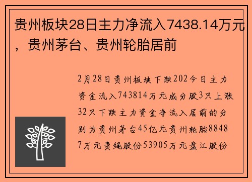 贵州板块28日主力净流入7438.14万元，贵州茅台、贵州轮胎居前