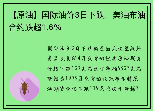 【原油】国际油价3日下跌，美油布油合约跌超1.6%